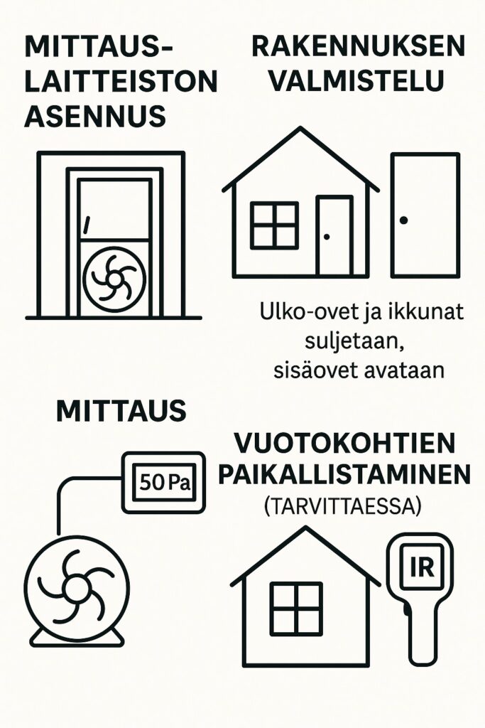 Pienkohteen tai omakotitalon tiiveysmittaus. Näin suoritamme talosi tiiviysmittauksen. Asennamme laitteiston mittauksen suorittamiseksi. Olet voinut jo itse tehdä valmistelevat työt ja me varmistamme, että ne on tehty oikein. Tämän jälkeen suoritetaan mittaus ja tarvittaessa vuotojen etsintä lämpökameralla.
